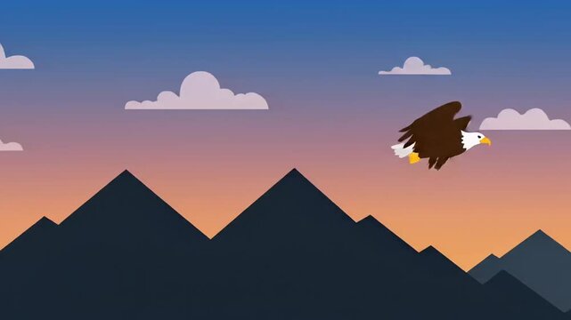 A majestic bald eagle soaring over silhouetted mountains at dusk with a serene gradient sky
