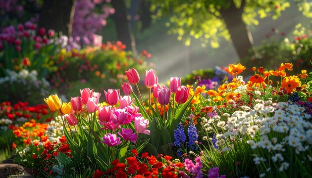 Lush, vibrant garden overflowing with colorful tulips, daisies, and other spring blooms
