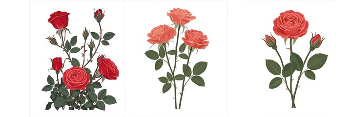 Digital illustration of rose branches with red and coral flowers and buds, featuring green foliage