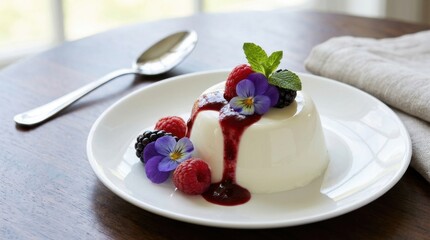 A vibrant panna cotta, artfully presented on a white plate with fresh raspberries, blackberries, purple edible flowers, and mint, captured in image 1770807271293_54.