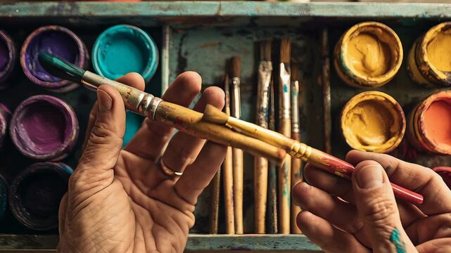 Vibrant pots of paint in a range of colors and assorted art brushes are neatly arranged in compartments of an old wooden artist's box, representing creativity, art, and inspiration
