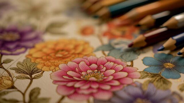 Colored pencils are resting on a page of a detailed floral coloring book, showing partially colored illustrations with various blossoms, highlighting the creative process of art and leisure