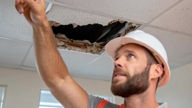 Construction worker examining and pointing at a large hole and damage in a suspended ceiling.