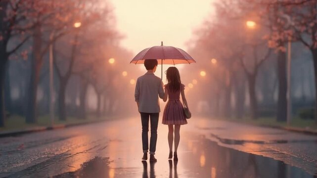 Romantic Couple Walking Under Umbrella on Rainy Valentine&rsquo;s Evening
