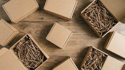 Top view of multiple brown cardboard boxes with crumpled paper filler on a wooden table for product packaging and gift presentation.