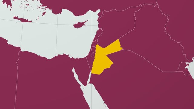 Jordan map. Animated zoom into the country on the Globe in Pale Mint Dark Pink color palette. Country logo animation with round text and airplanes. Map with meridians, parallels. Classy video.