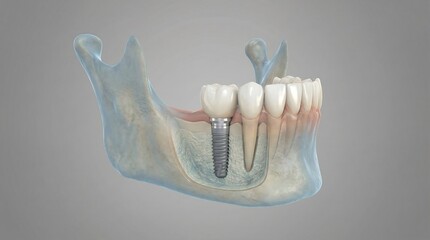 Dental implant placed in jaw bone. Visualization for dentistry education. Dental surgery for tooth replacement and oral health.