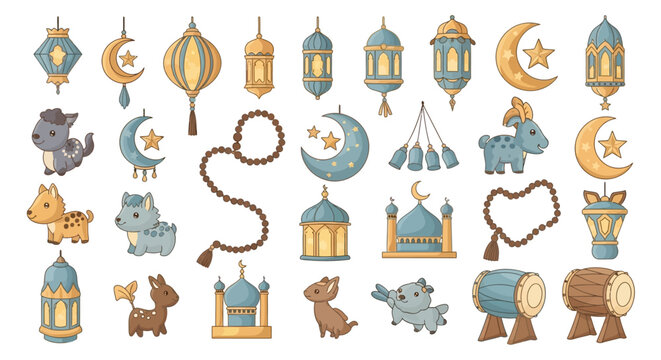 A comprehensive collection of cute cartoon illustrations depicting various traditional Indonesian and Ramadan-themed food and drink items with labels.