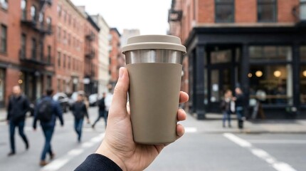 Hand of a man holding reusable coffee cup on a street. Sustainable living and zero waste lifestyle, eco-friendly solution for everyday coffee.