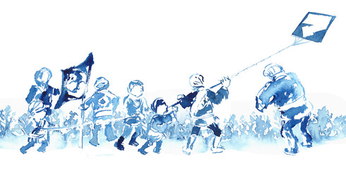 浜松まつりで凧揚げをする人々のイラスト