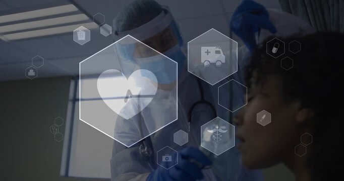 Clinician positioning mask by patient, assessing chest with scope while medical hex icons tracking