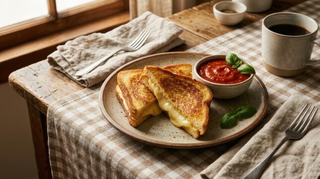 Golden-brown mozzarella carrozza fried sandwiches, served with a side of marinara sauce and basil, captured on -02-11.