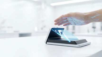 Man hand with glowing veins scanning personal biometric data for identification access. Future technology for cybersecurity and identity verification.
