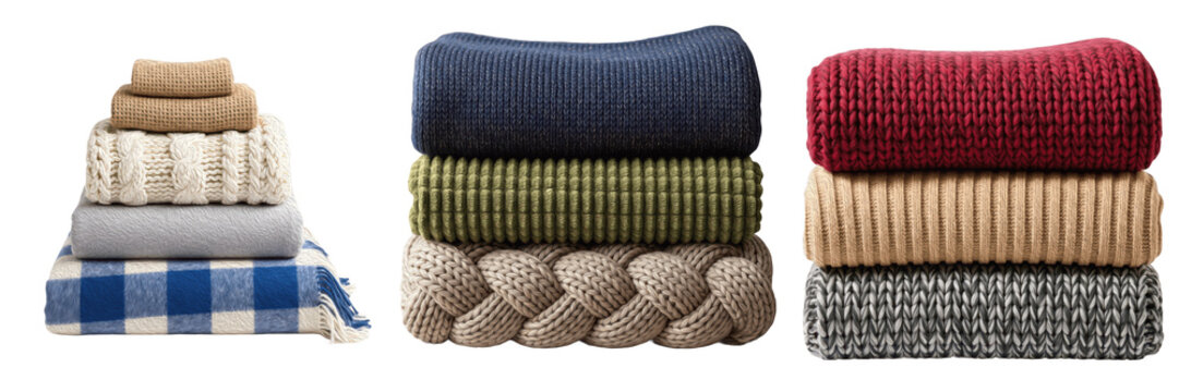 Assorted Folded Knit Blankets and Woolen Throws in Various Textures and Colors for Home Comfort