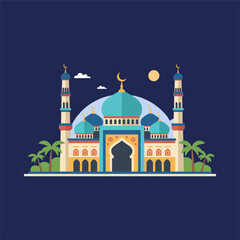 Islamic Mosque Building with Minarets and Dome.