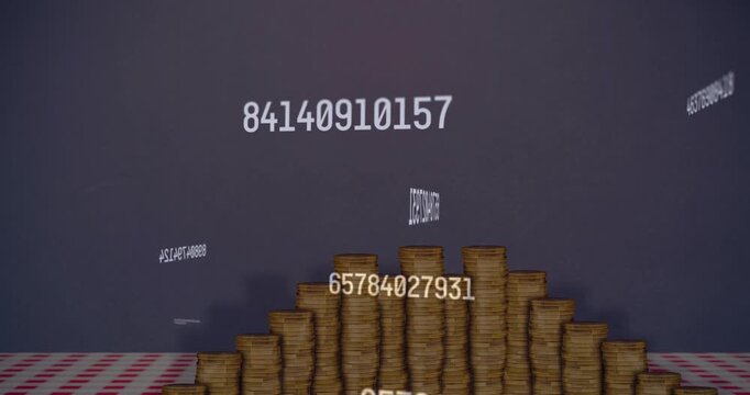 Large numbers rising over coin pile on checked cloth, changing drifting fading showing value shifts