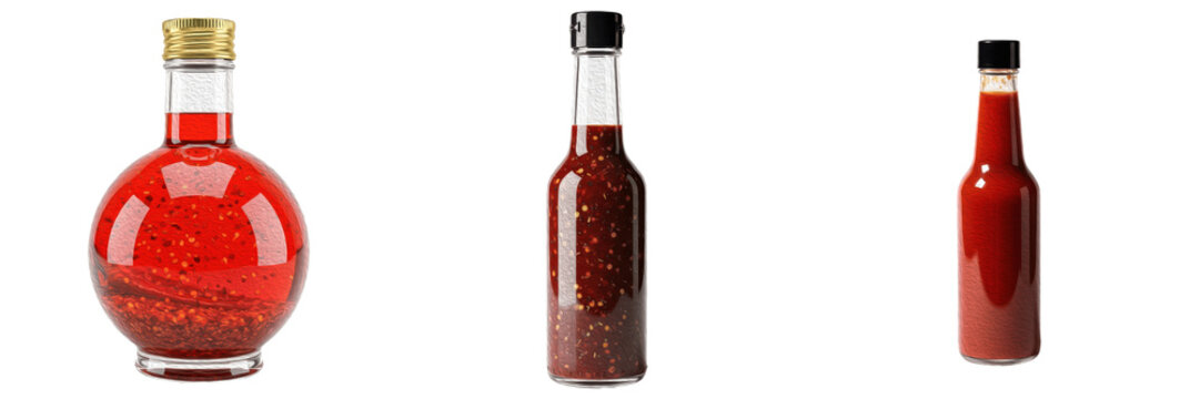 Assorted Glass Bottles Filled with Spicy Red Chili Sauce and Condiments Isolated on White Background