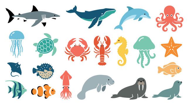 Colorful collection of cute sea animal illustrations featuring a shark, whale, dolphin, octopus, turtle, and crab in a simple flat cartoon vector style for children's design