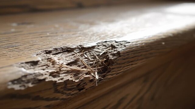 Damage shows worn wooden stairs with visible splintering on steps. Natural light highlights the wood grain detail. Concept for renovation, flooring, property management