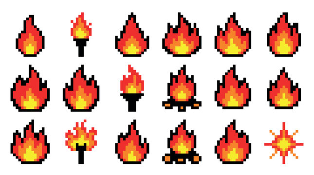 Set of pixel art fire icons including flames, torches, campfires, and an explosion, rendered in a classic 8-bit retro video game style for digital design elements