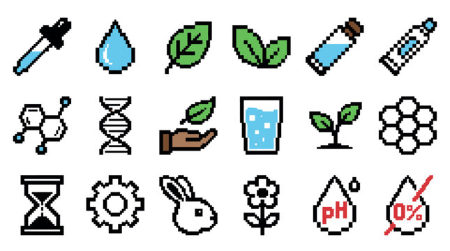 Collection of colorful pixel art icons representing natural ingredients, science, and cosmetic properties like pH balance and cruelty-free in a retro 8-bit graphic style