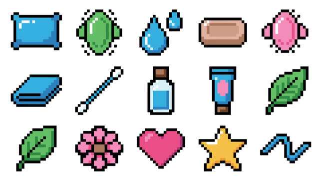 Colorful pixel art icon set featuring spa, beauty, and self-care items like soap, lotion, and a flower, designed in a retro 8-bit video game style for digital assets