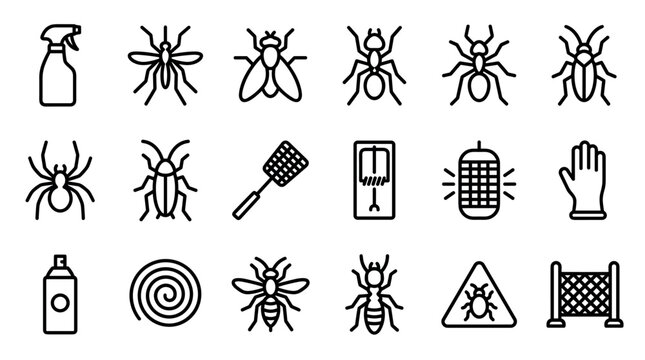 Pest control and insect extermination line icons set showing various bugs like ants, mosquitoes, and spiders with equipment like spray, traps, and coils for disinfestation