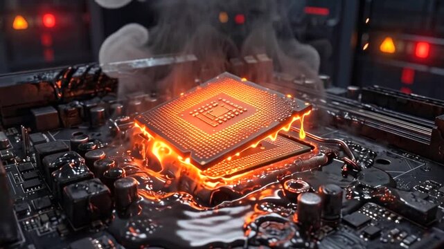 Overheated Central Processing Unit (CPU): A close-up shot of an overheated CPU on a circuit board, with visible signs of distress. Steam rises from the processor.