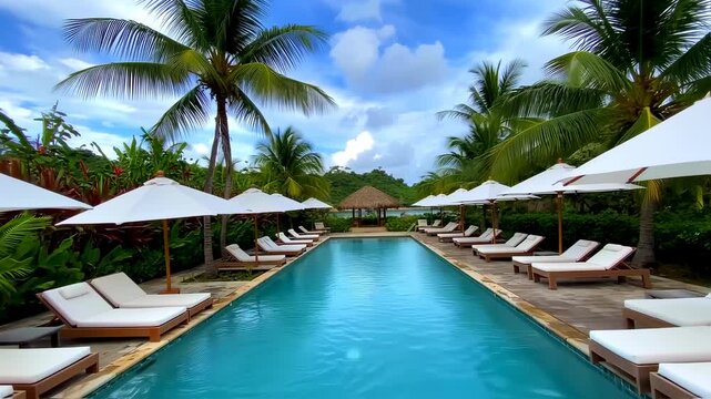 A tranquil resort pool scene with white umbrellas, loungers, palms and a distant thatched-roof structure