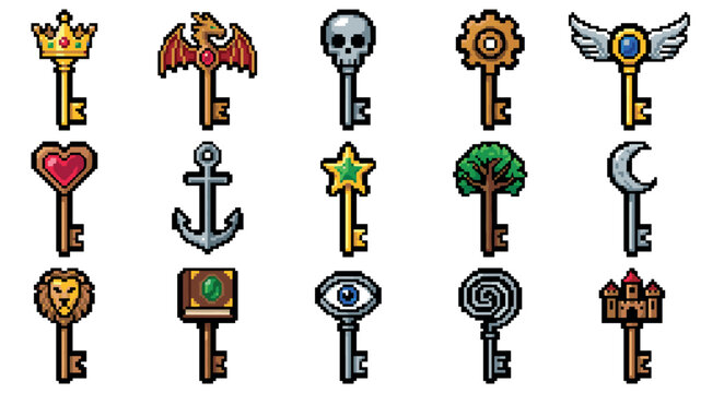Collection of colorful pixel art keys with fantasy-themed bows like a crown, dragon, skull, and castle, designed as icons or assets for a retro 8-bit video game