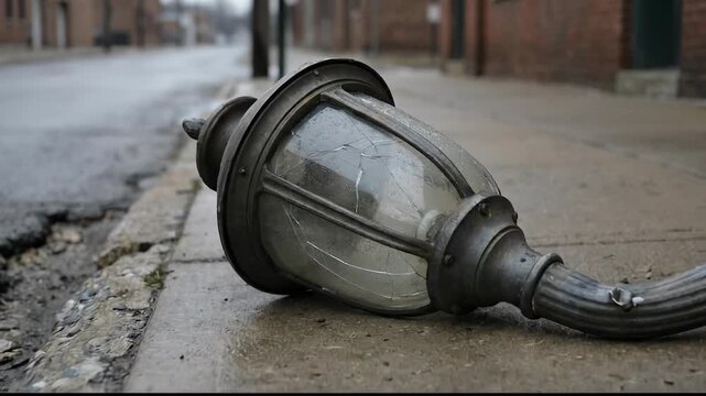 Lamp lies on sidewalk next to curb with cracked glass and bent frame. Urban setting with wet road surface and brick buildings nearby. Concept of city maintenance, urban design, public safety