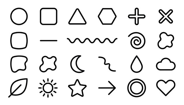 Large set of simple black line icons and basic shapes including a circle, square, triangle, heart, arrow, sun, and moon, presented as a clean minimalist graphic collection