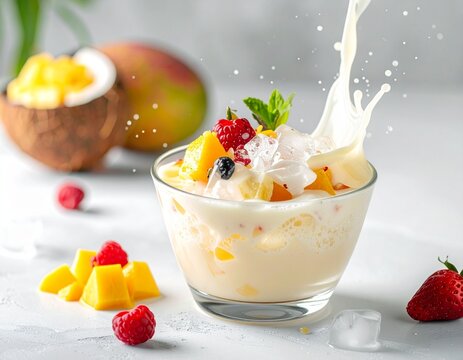 hyper realistic photo of indonesian es buah ramadan drink white mixed tropical fruits, clear glass bowl, ice cubes, syrup splash, fresh condensation, bright natural lighting, cle