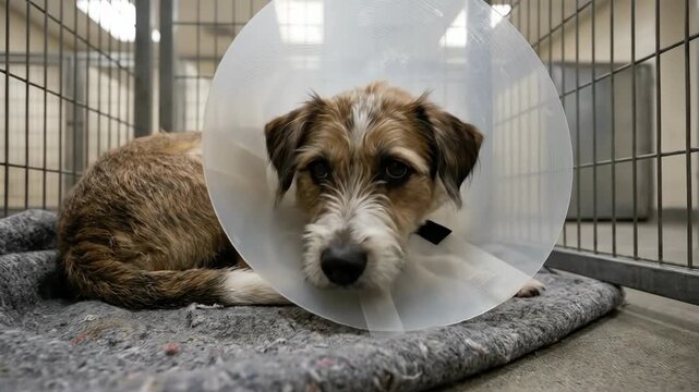 Dog wearing cone rests on soft mat inside kennel after surgery. Space is clean with concrete walls. Concept of animal care, pet health, veterinary services