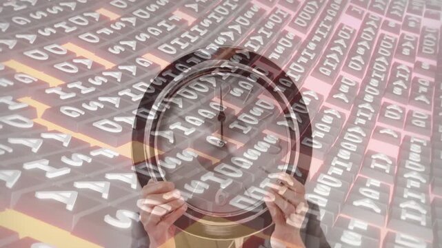 Man raising and holding round clock, causing animated background shifting and showing time for ads