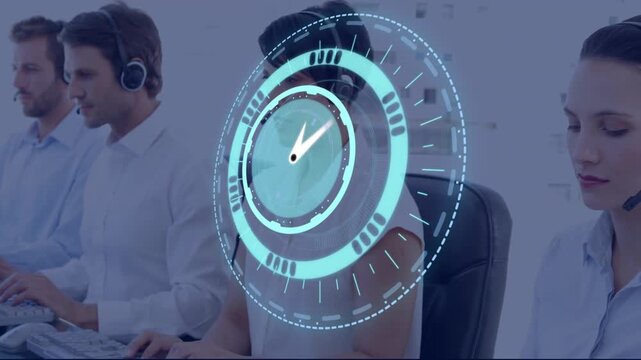 Call center agents sitting, HUD clock appearing over middle agent, rotating, tracking call time