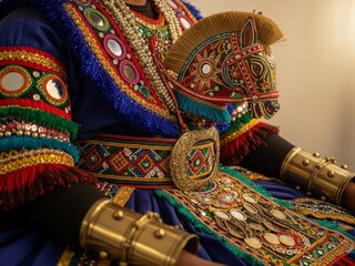 Obraz premium Close-up detail of traditional jaranan dance costume and accessories, showcasing Indonesian cultural craftsmanship and traditional performance attire