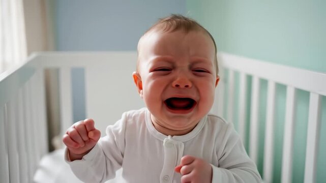 Baby is crying and expressing emotions while sitting in crib. Light-filled nursery with soft colors enhances mood. Concept of parenting, childcare, family