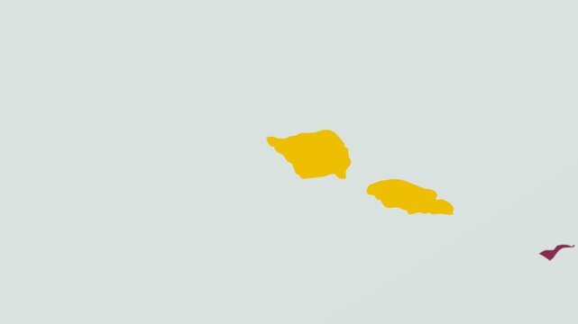 Samoa map. Animated zoom into the country on the Globe in Pale Mint Dark Pink color palette. Country logo animation with round text and airplanes. Map with meridians, parallels. Charming video.