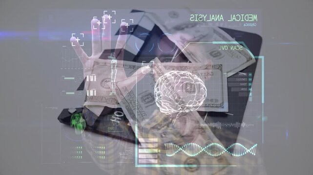 Man holding film slate with dollars, hand raising with tip markers, starting scan forming brain HUD