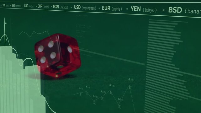 Translucent red die entering from left, rolling over bar chart and curve, visualizing market risk
