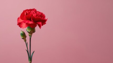 A single red carnation flower stands out against a softly focused pinkish purple backdrop, vibrant and elegant.