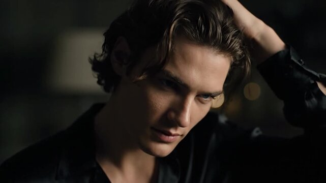 A young man in a black shirt poses for a video, looking thoughtful and serious, with a hand running through his hair, in a dimly lit setting.