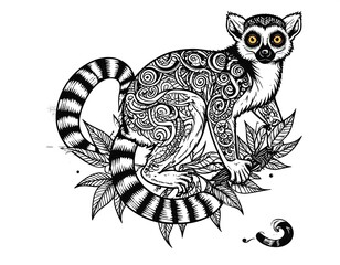 Fototapeta premium Intricate black and white illustration of a lemur with detailed patterns
