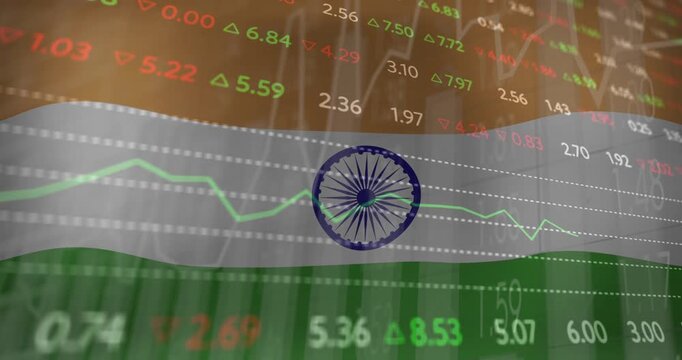Market tickers surging, Indian tricolor flag waving over tickers, Chakra signaling market motion
