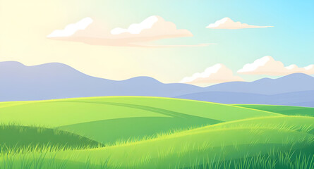 Fototapeta premium landscape, nature, grassland, meadow, field, green, pasture, lawn, countryside, rural, outdoor, scenery, horizon, plains, farmland, sky, bluesky, clouds, cloudscape, daylight, sunlight, sunny, bright,