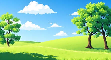 landscape, nature, grass, green, meadow, field, pasture, plain, countryside, rural, outdoor, scenery, horizon, farmland, sky, blue, clouds, cloudscape, daylight, sunshine, sunny, bright, fresh, calm, 