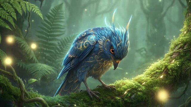 Blue fantasy bird with gold patterns on feathers perched in magical forest