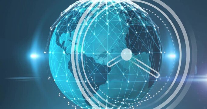 Central hub pulsing, globe and clock shifting right while rings sweeping, showing time network