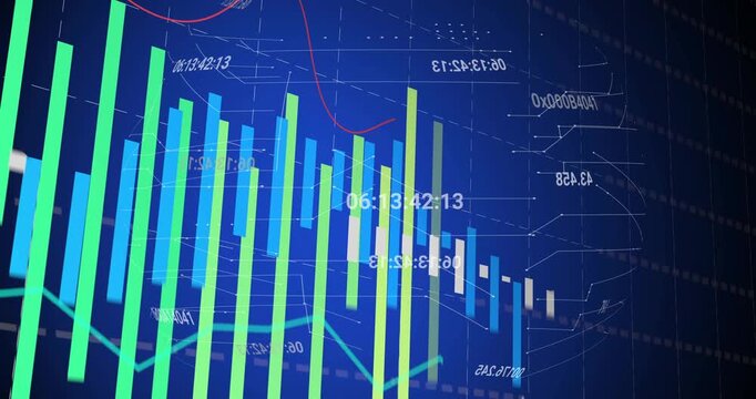Camera panning right, 3D bar chart shifting, labels updating, trend line swaying, showing data